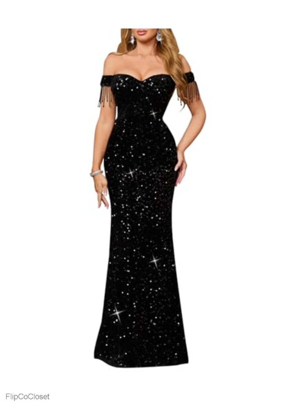 Off Shoulder Sequin Evening Gown Tassel Sleeve Formal Maxi Dress